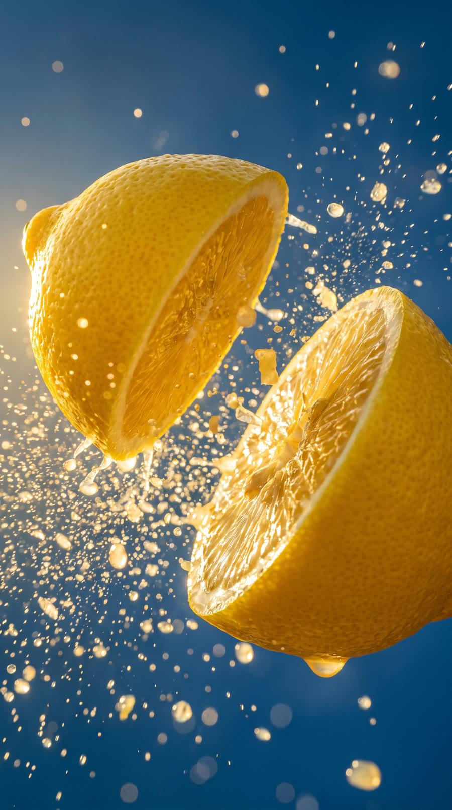 Extreme macro: a lemon splits in mid-air, juice droplets hang in golden backlight.