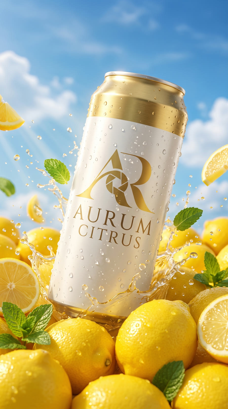 The can rises out of a pile of lemons into a blue sky, then morphs onto crushed ice.