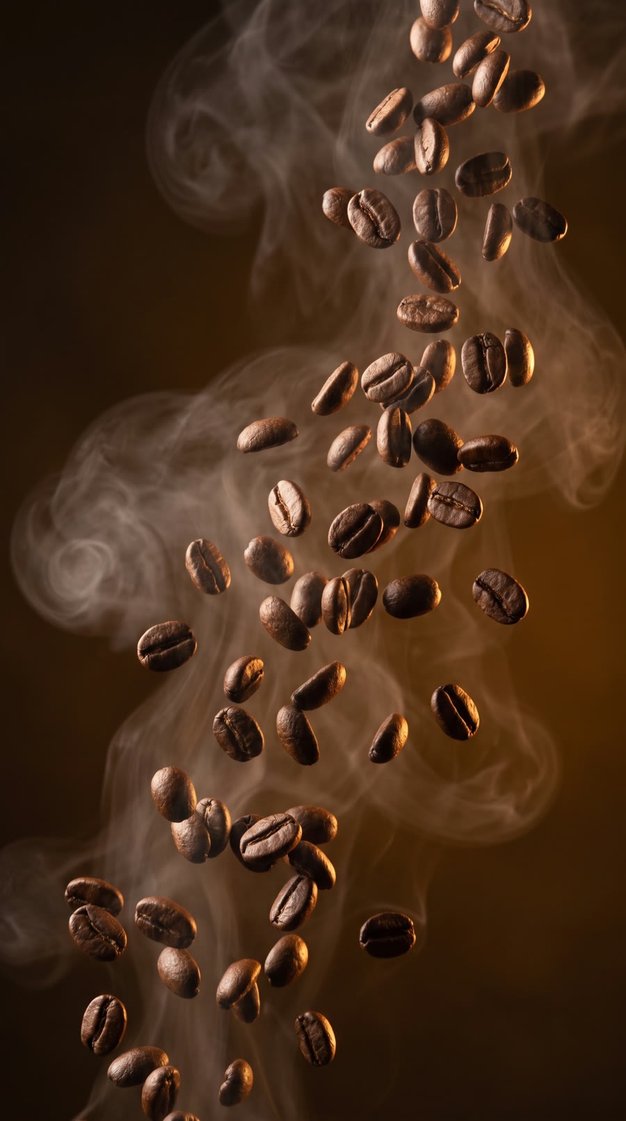 Roasted beans fall in slow motion through swirling smoke.