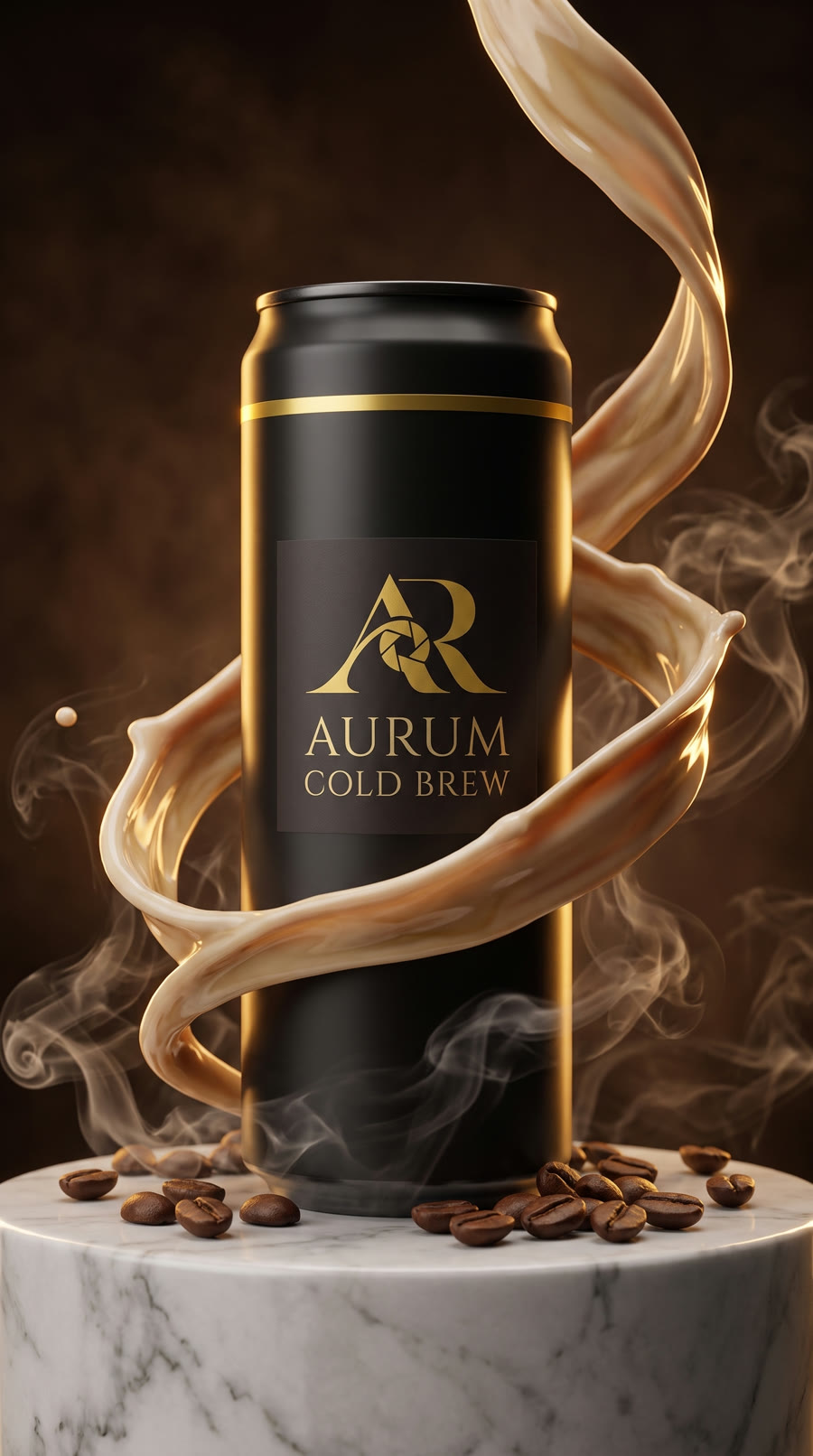 A latte ribbon wraps the can on a marble pedestal, then turns into falling ice.