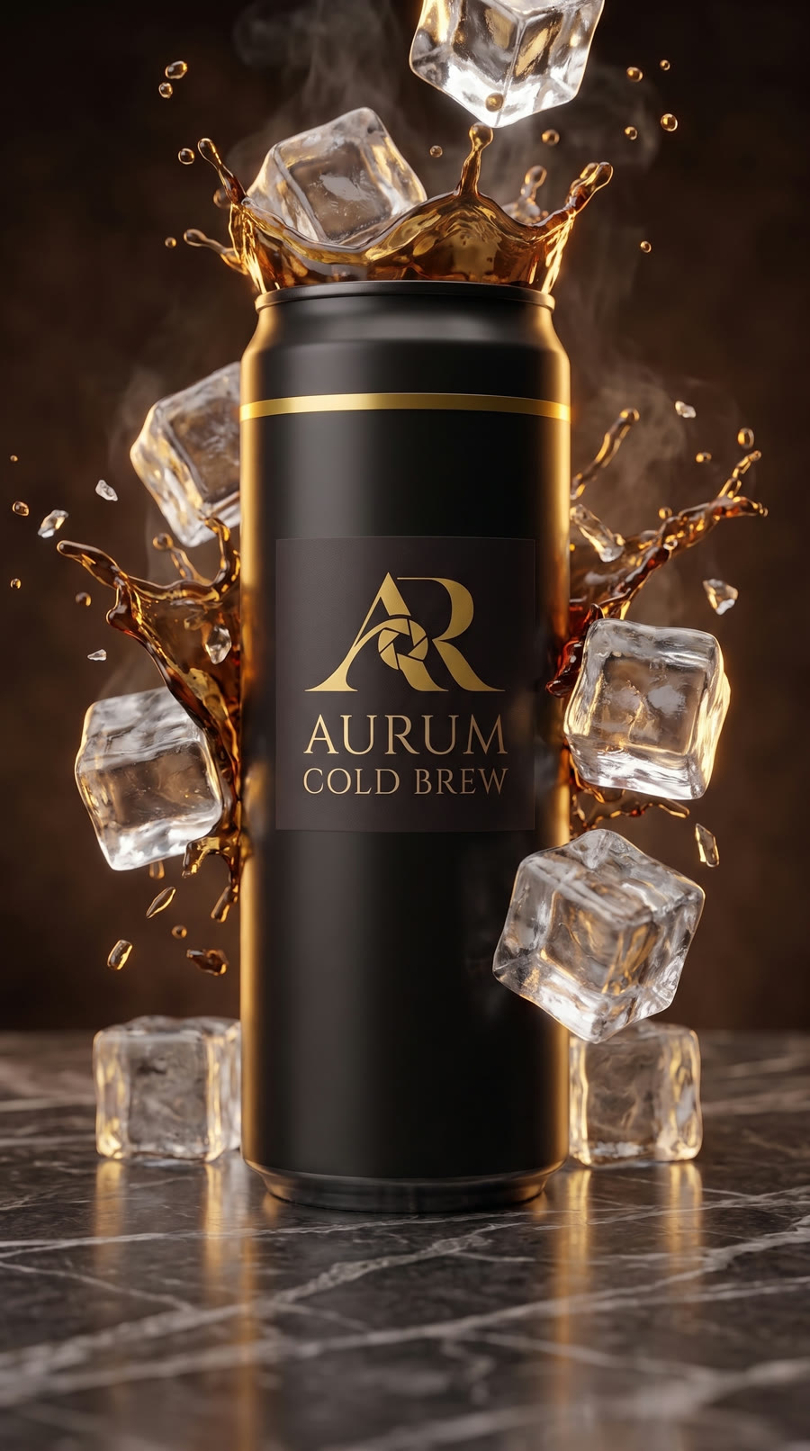 Ice cubes crash around the can, cold coffee splashes freeze in gold light.