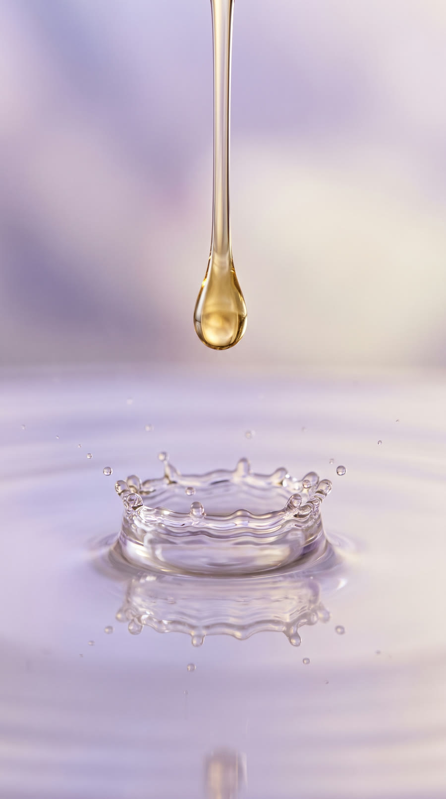 Macro: a single golden serum drop falls into still water and forms a delicate crown.