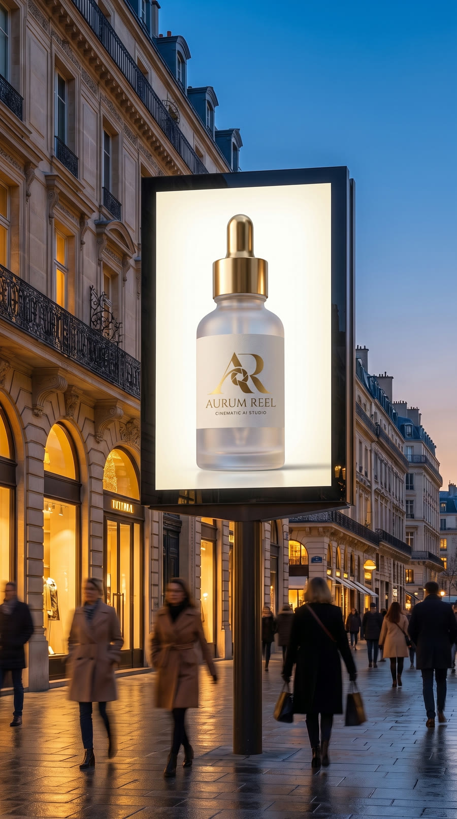 The glowing billboard on a luxury boulevard as passers-by blur past.