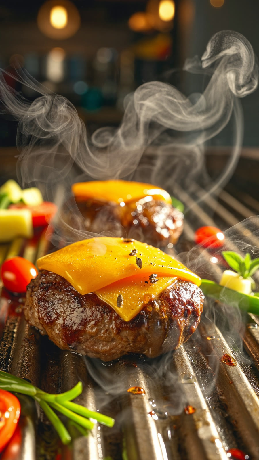Golden patties sizzle on the griddle as flame leaps up, two beats per shot.