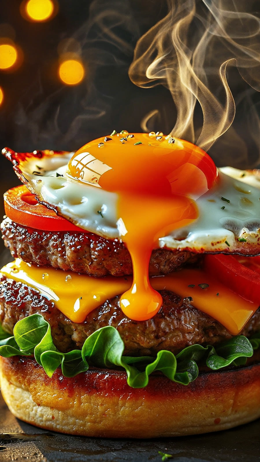 A runny yolk breaks and flows over the melted cheddar, steam rising.