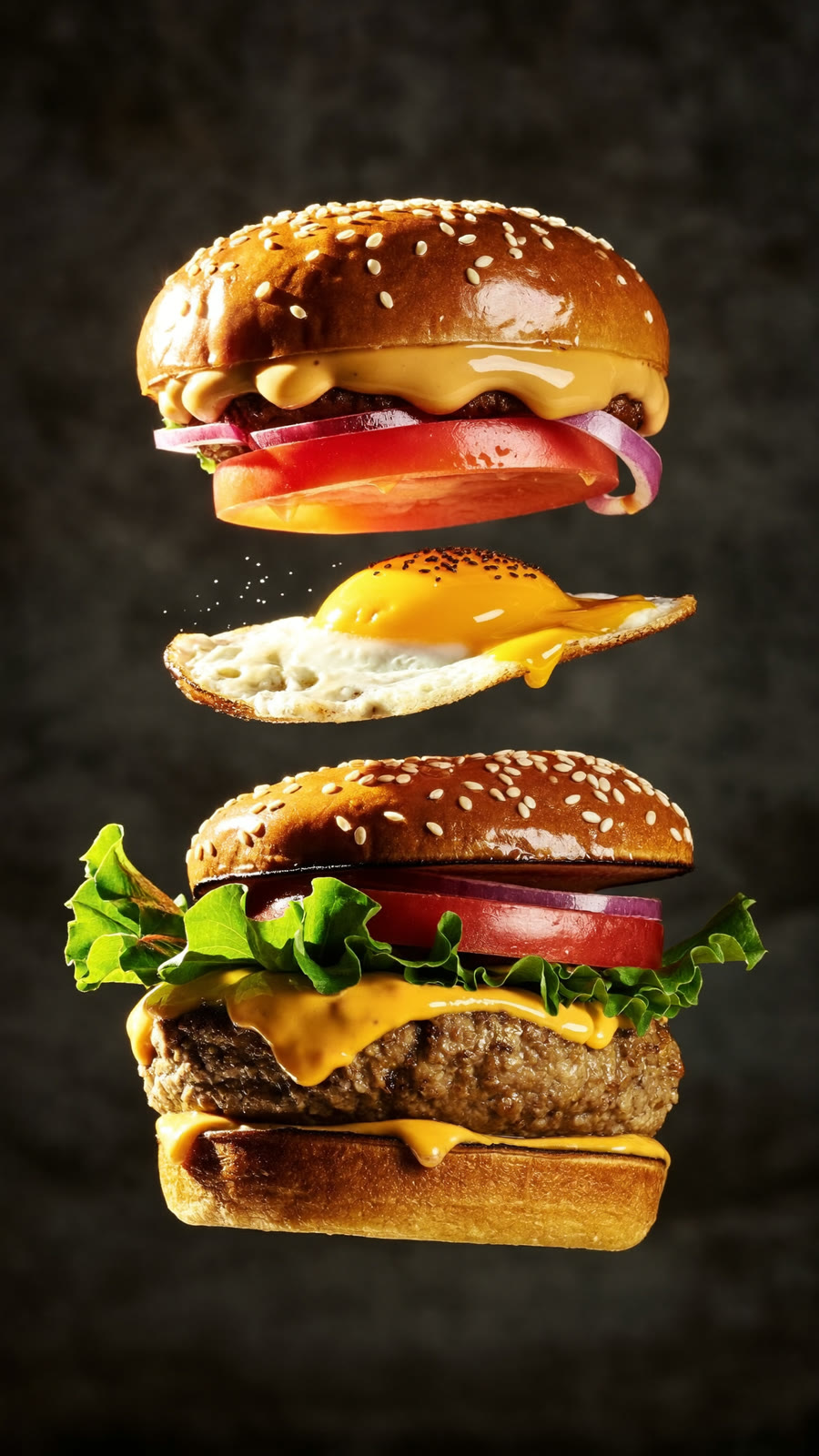 Every layer floats in the silence, then slams into one burger exactly on the drop — 'STACKED.'