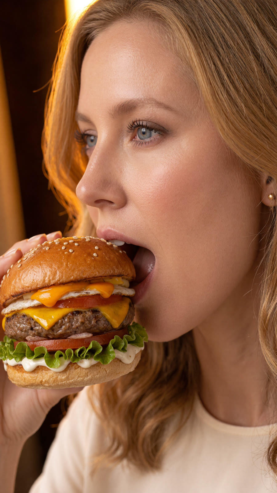Side-profile macro: Olivia leans in and sinks into the burger, eyes closing, right after the drop.