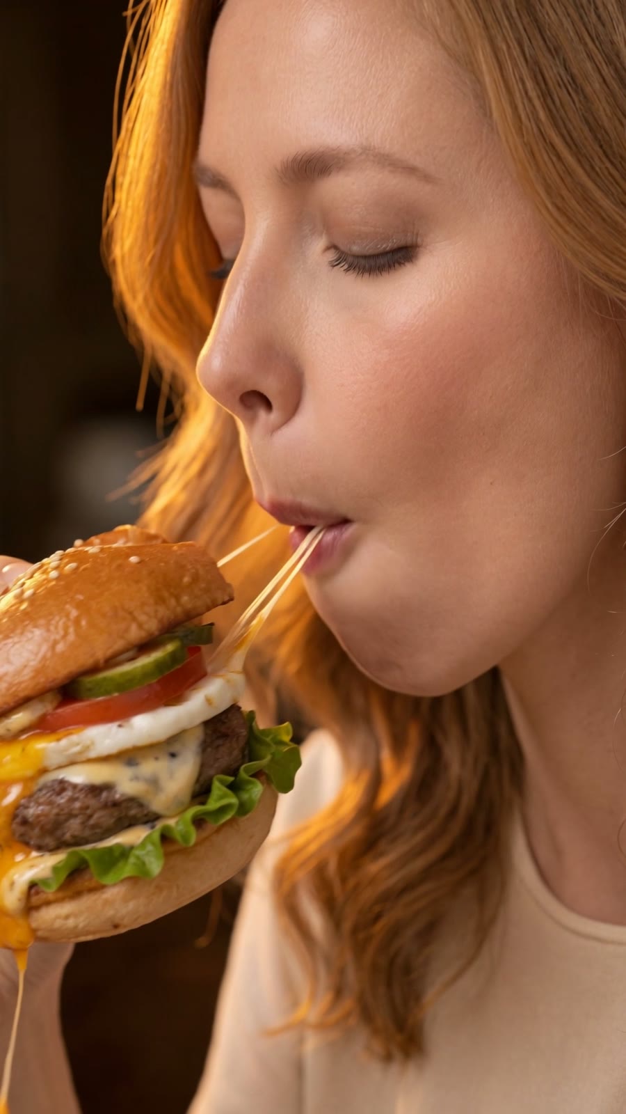 Still in profile, she pulls back and long strings of melted cheddar stretch from her lips — 'ONE BITE.'