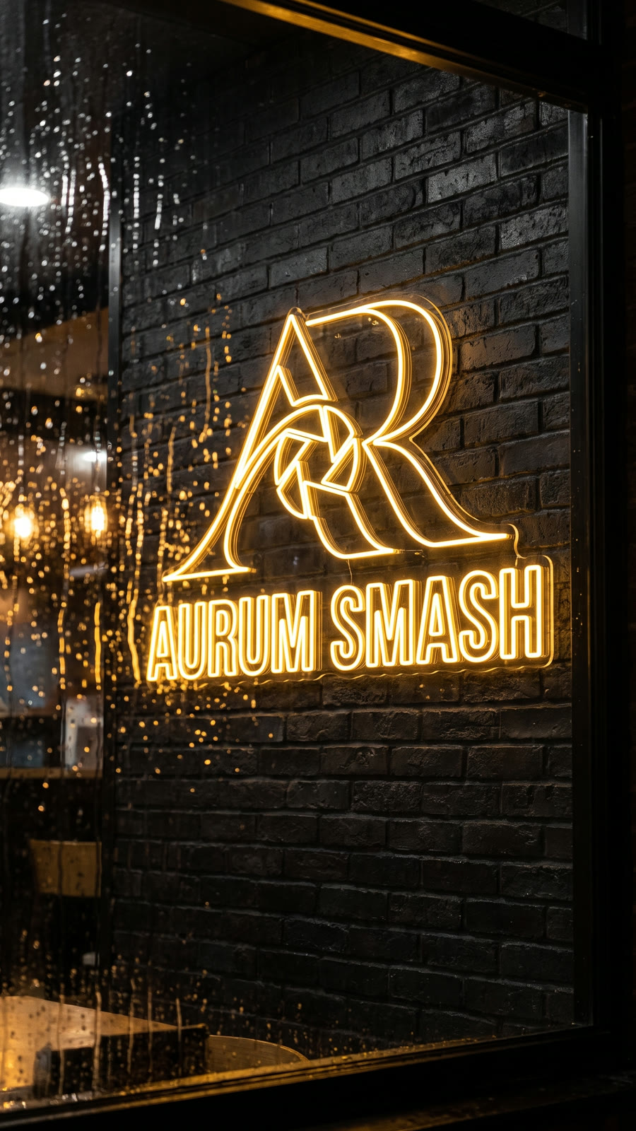 The AURUM SMASH neon glows behind rain on the window during the break.