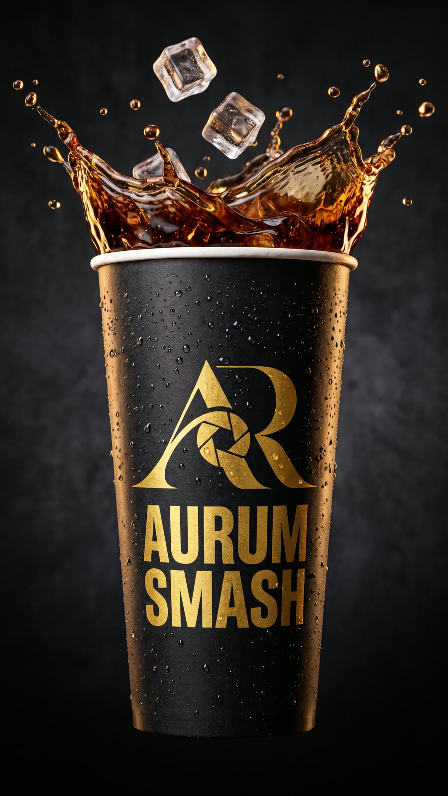 Ice crashes into the branded cup and cola splashes over the rim — 'ICE COLD.'