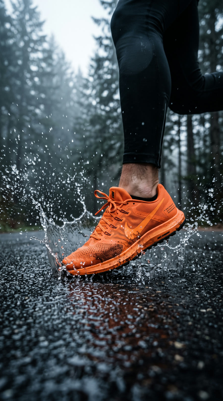 Ground-level slow motion: the shoe hits a wet road, water explodes into a crown, then the camera pulls back into the run.