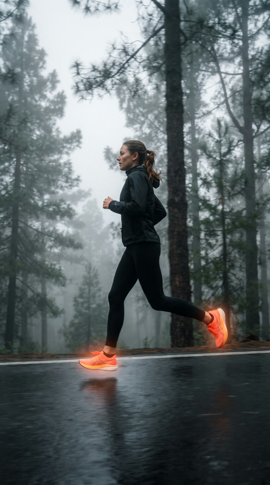 Low tracking shot of the runner in thick fog, the orange shoes glowing.
