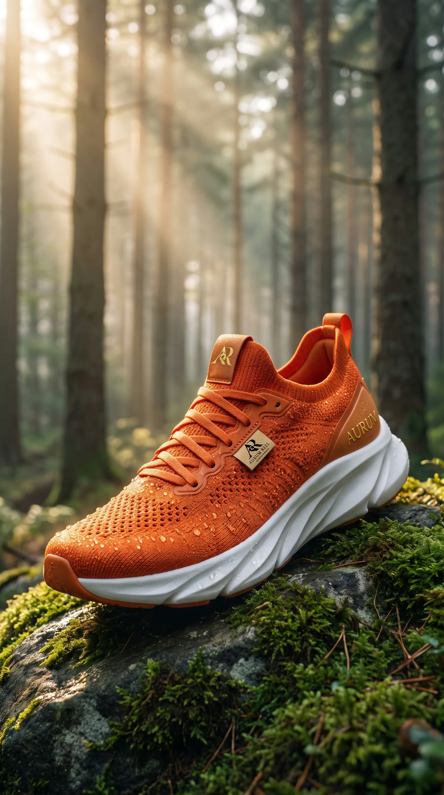 The shoe on a mossy rock as morning light rays break through the pines.