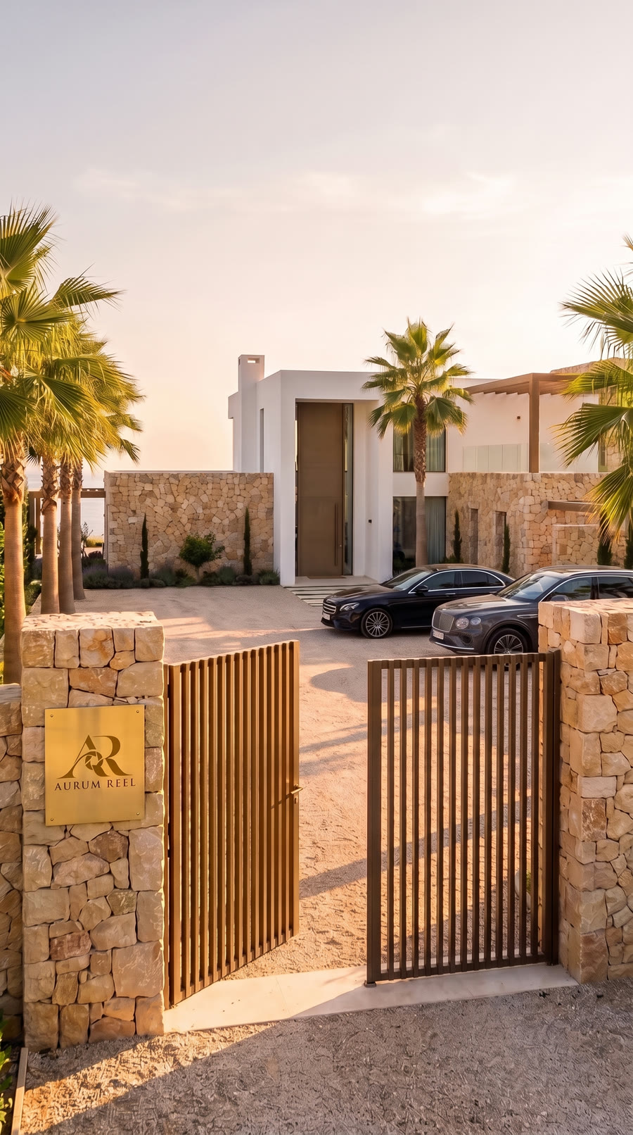 The bronze gate swings open past a brass AURUM REEL plaque, unbadged cars waiting in the courtyard.