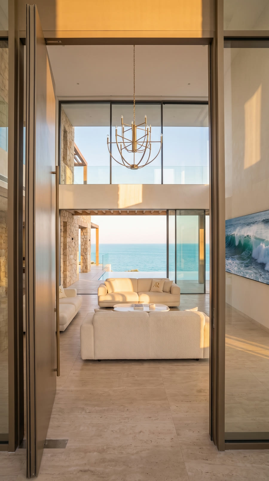 A drone glides through the front door, across the double-height living room to the sea.