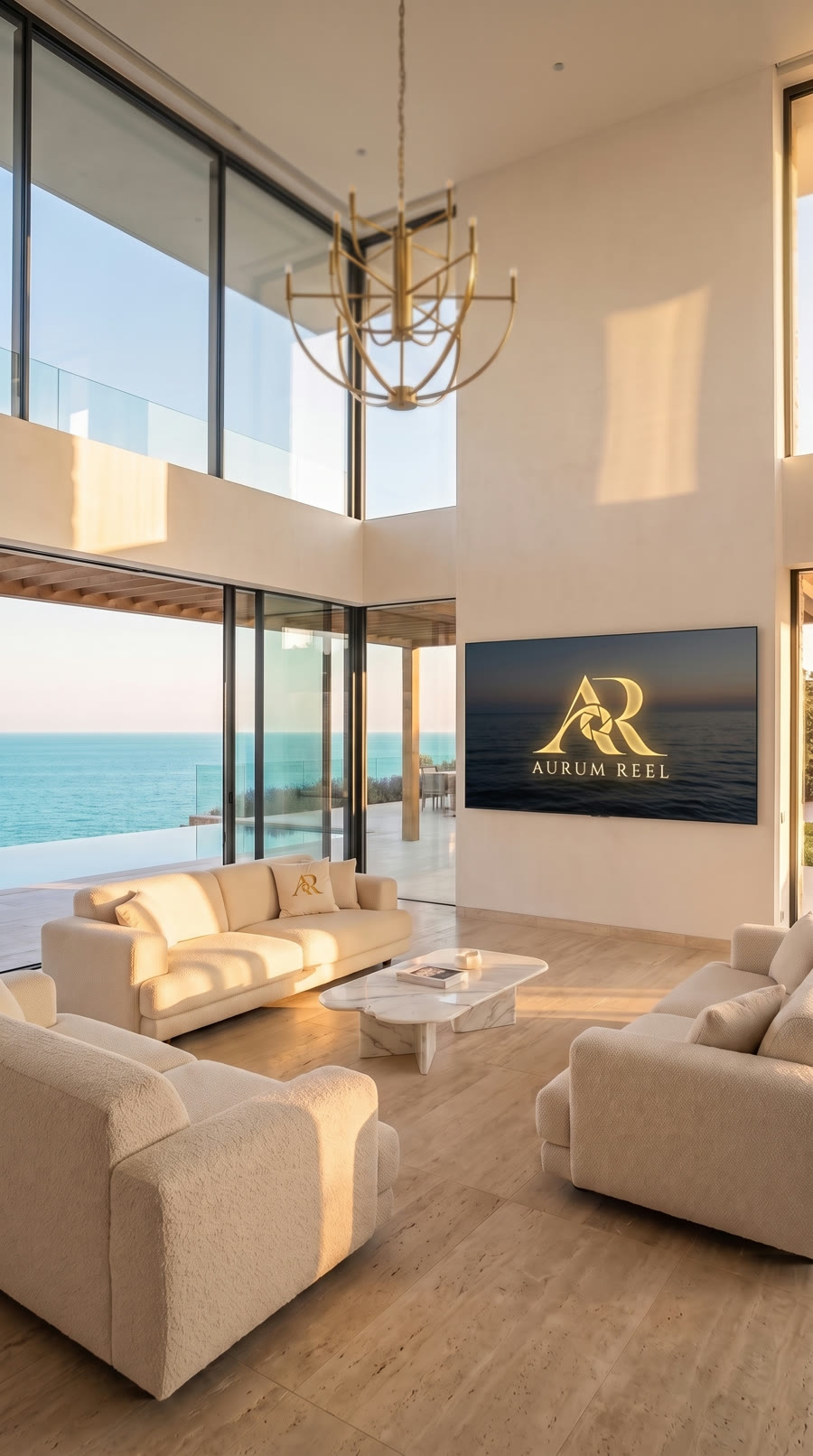 The giant LED wall rolls an ocean wave that resolves into the gold AR logo.