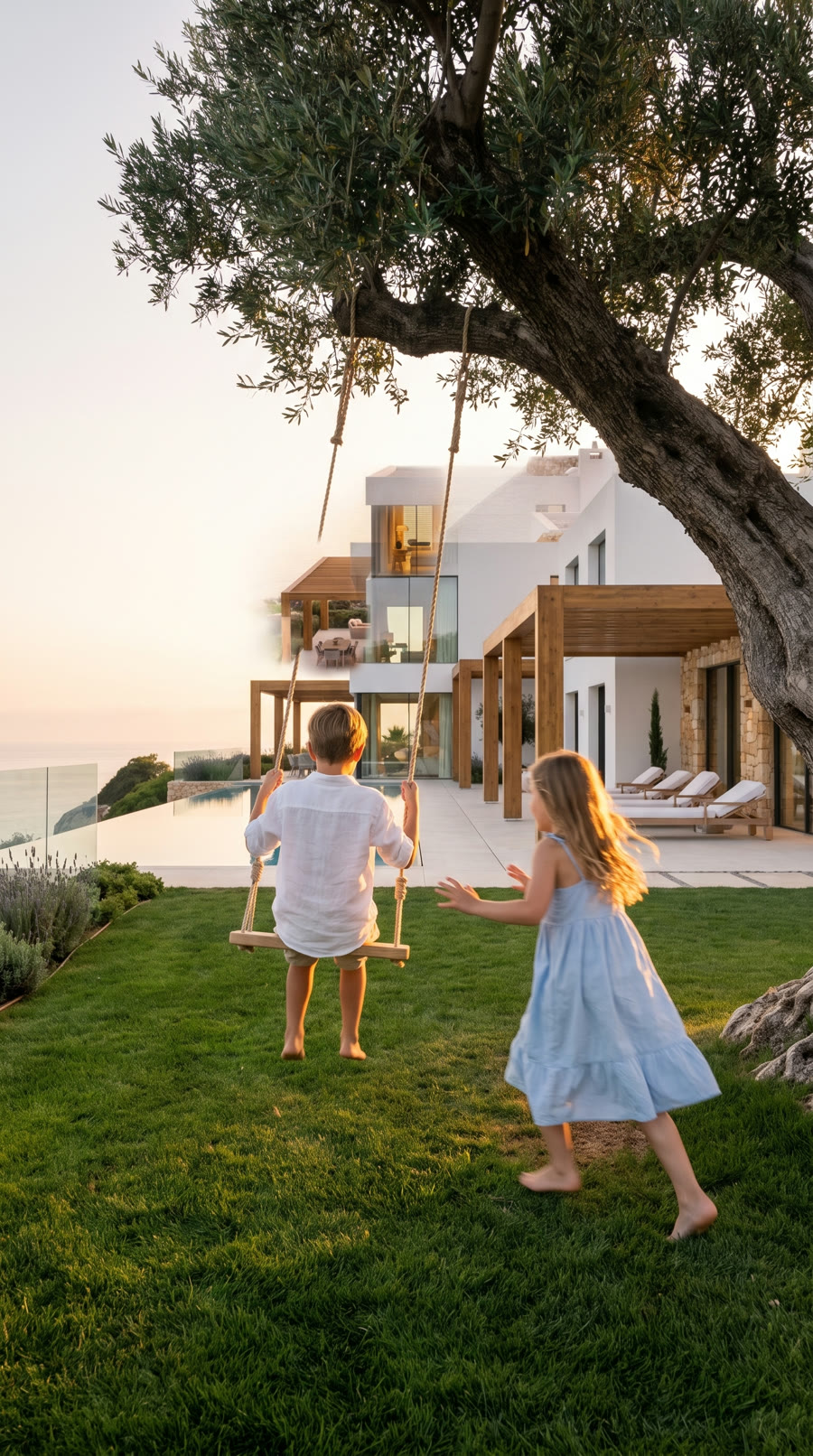 Two kids play on the swing under the olive tree, the sea behind them.